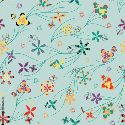 Colorful Stylized Bugs Paired with a Matching Stylized Flower on Mint Green creating a textured seamless pattern print background