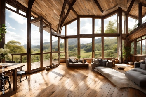 Lofty house with wooden floor and large windows in the countryside.