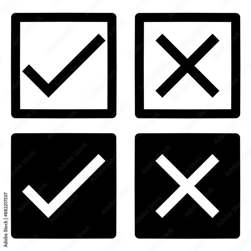 Set of check and cross marks icons in the square boxes Set of check and cross marks icons in the square boxes