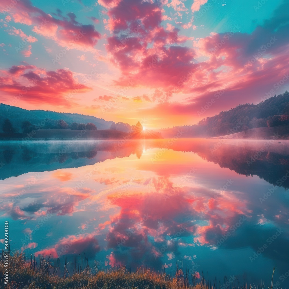 Obraz premium Beautiful sunrise over a still lake, soft orange and pink hues in the sky Lowangle shot, water reflecting the vibrant colors, creating a tranquil atmosphere