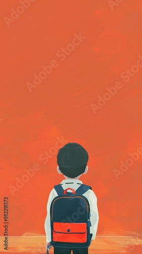 Asian boy in school uniform goes to school with blue backpack. Stands against orange background, back turned to viewer. Boy looks up, suggesting he looking at something above.