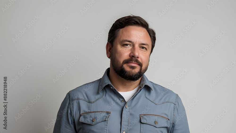 Obraz premium Middle aged man over 30 with beard in denim shirt stands on light background