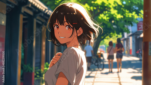 portrait of a pretty happy anime girl on sunny day