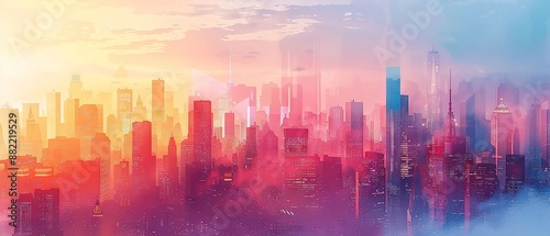 Vibrant Sunset Over a Modern City Skyline with Diverse Neon Glow