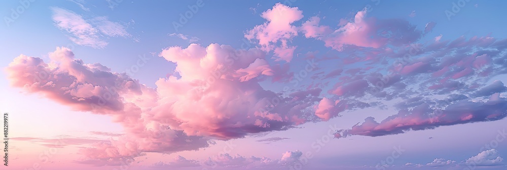Panoramic View of Sunset Sky with Purple and Pink Clouds, Soft Gradient from Blue to Orange Creating Ethereal Atmosphere Panoramic View of Sunset Sky with Purple and Pink Clouds, Soft Gradient from Blue to Orange Creating Ethereal Atmosphere