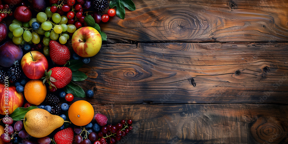 Werschiedene Obstsorten auf Holztisch Platz zum Schreiben Werbebanner Karte