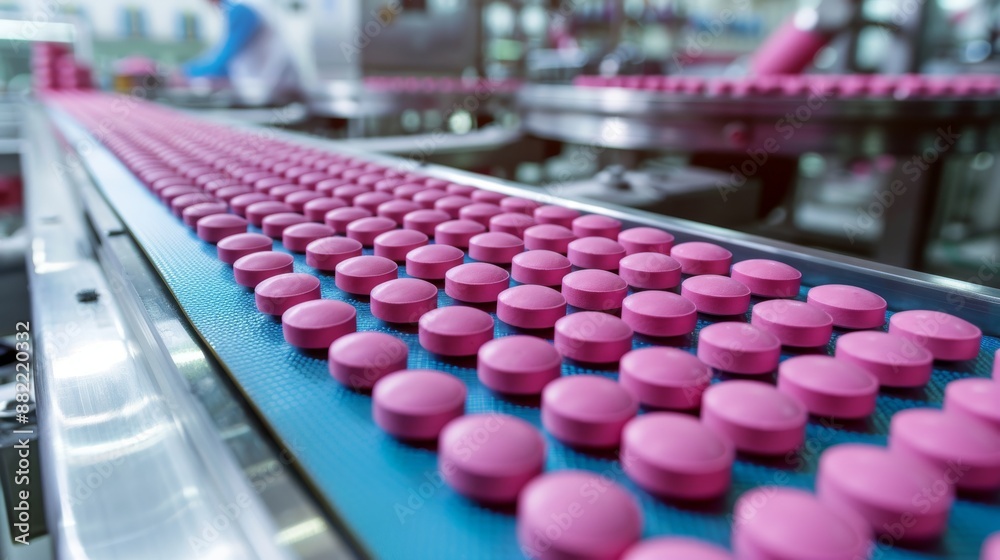 Modern pharmaceutical factory producing and packaging pink pills with a macro shot of the process. Drug manufacturing in a medical facility. Modern pharmaceutical factory producing and packaging pink pills with a macro shot of the process. Drug manufacturing in a medical facility.