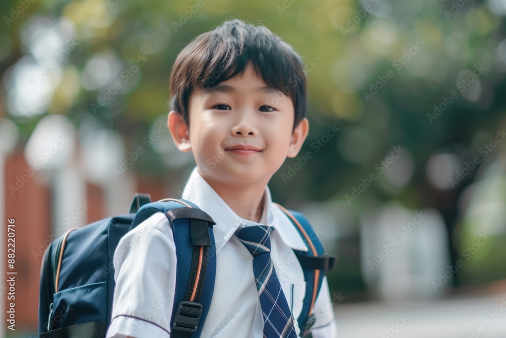 Asian boy in school uniform with blue tie stands confidently on sidewalk with tree-lined street background. Holding blue backpack, looks directly at camera. Back to school theme. Asian boy in school uniform with blue tie stands confidently on sidewalk with tree-lined street background. Holding blue backpack, looks directly at camera. Back to school theme.