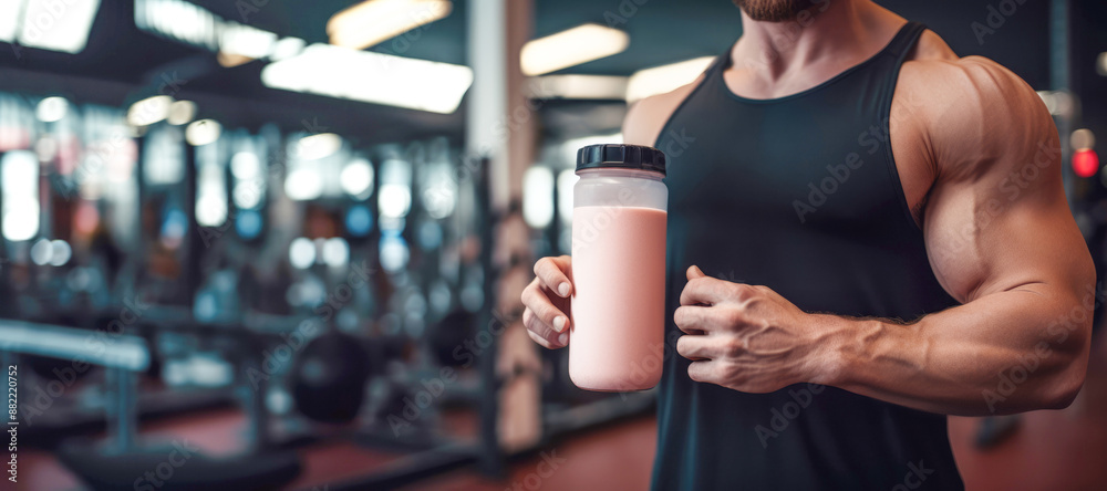 Athletic lifestyle: Muscular man in the gym, holding a protein shaker bottle.