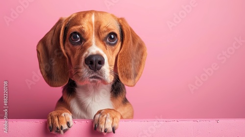 Cute beagle puppy with soulful eyes posing against a pink background. Perfect for pet, love, and animal-themed projects. photo