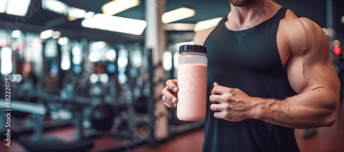 Obraz na płótnie Athletic lifestyle: Muscular man in the gym, holding a protein shaker bottle. w salonie
