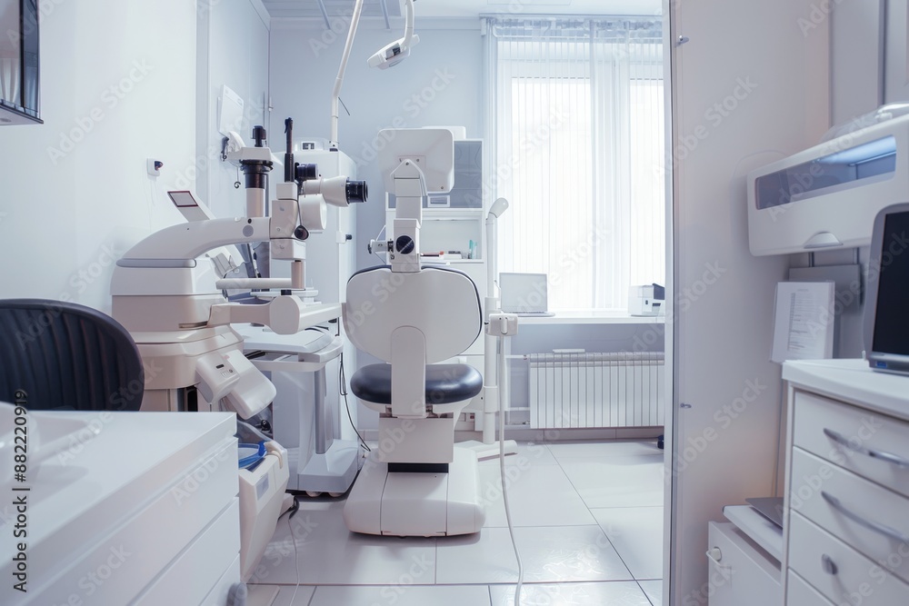 Empty modern optometrist examination room with various ophthalmology devices. Optometry Clinic Room with Advanced Vision Testing Equipment Empty modern optometrist examination room with various ophthalmology devices. Optometry Clinic Room with Advanced Vision Testing Equipment