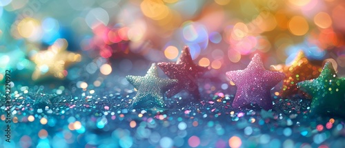 Colorful Glittering Stars on Sparkling Background with Bokeh Lights photo