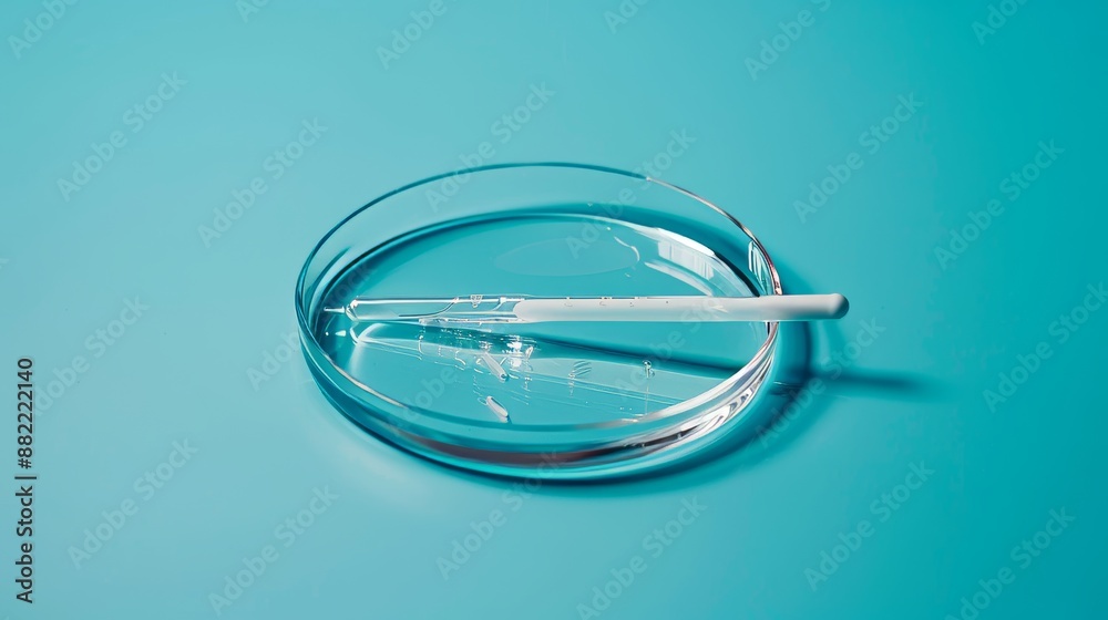 In a scientific genetics lab, a blue background shows a Petri dish and pipette. In a scientific genetics lab, a blue background shows a Petri dish and pipette.