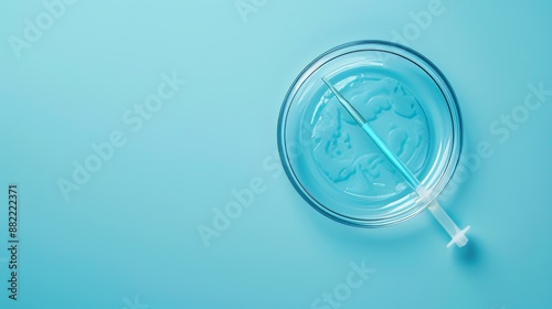 In a scientific genetics lab, a blue background shows a Petri dish and pipette. photo