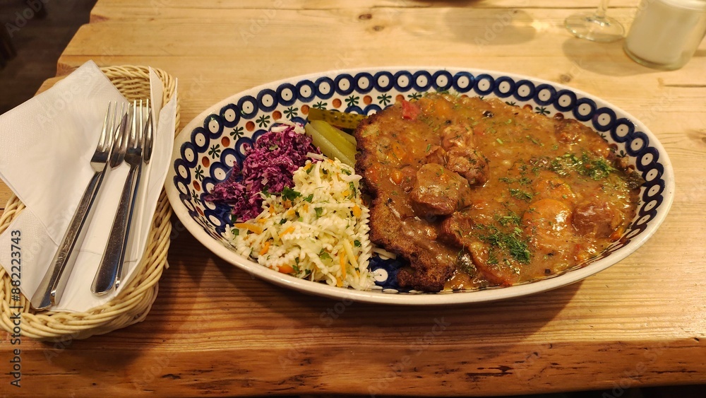 On the wooden table there is a ceramic plate with fried potato pancake and meat goulash, coleslaw and pickles. Nearby is a wicker basket with metal forks and knives on napkins. Dinner time On the wooden table there is a ceramic plate with fried potato pancake and meat goulash, coleslaw and pickles. Nearby is a wicker basket with metal forks and knives on napkins. Dinner time