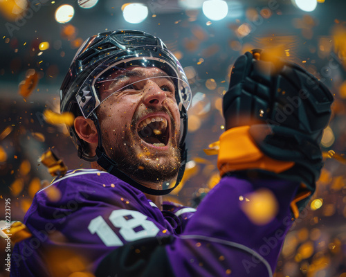 Ice hockey player is celebrating the championship gold photo