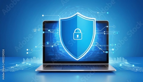 laptop security security computer software concept datum software protection concept shield personal development protected background database blue laptop background secure cyber cyberattacks ai onlin photo
