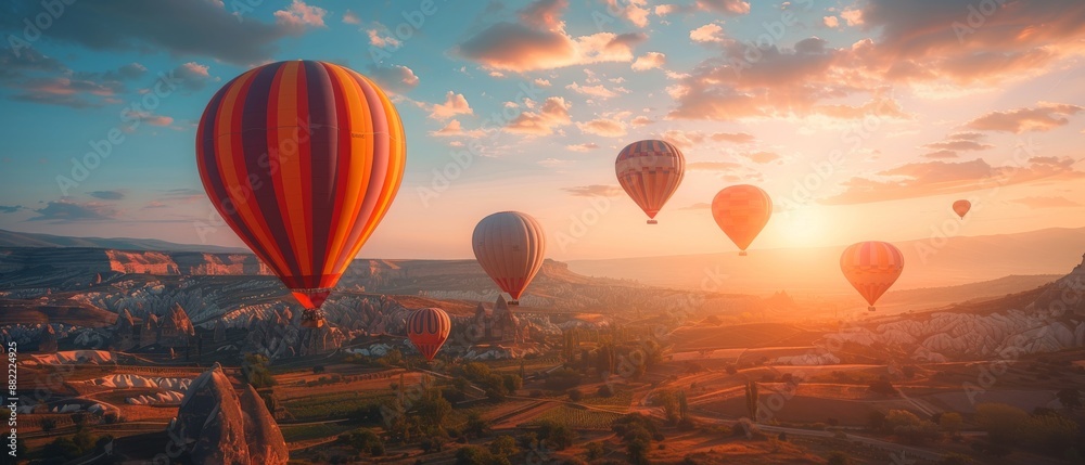 Naklejka premium Voyage in the sky. A sky filled with hot air balloons floating in a delicate balance