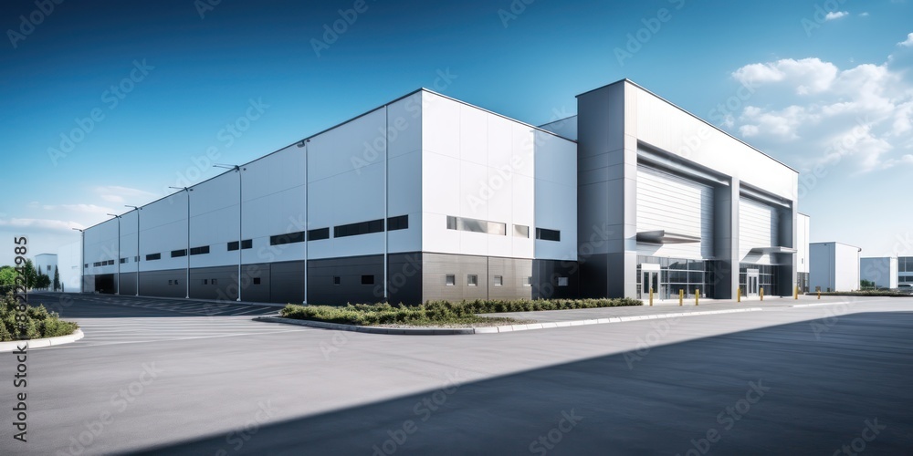 Modern warehouse building exterior, building servicing or car service buildings, Cargo transportation and logistics, with a parking lot on a blue sky background, Car repair or service concept. Modern warehouse building exterior, building servicing or car service buildings, Cargo transportation and logistics, with a parking lot on a blue sky background, Car repair or service concept.