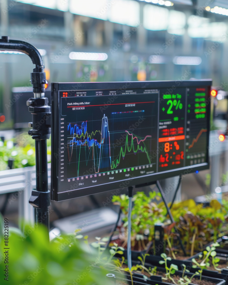 A digital screen with graphs and data on plant growth in a greenhouse, featuring data-driven farming and comprehensive plant growth monitoring with greenhouse analytics A digital screen with graphs and data on plant growth in a greenhouse, featuring data-driven farming and comprehensive plant growth monitoring with greenhouse analytics
