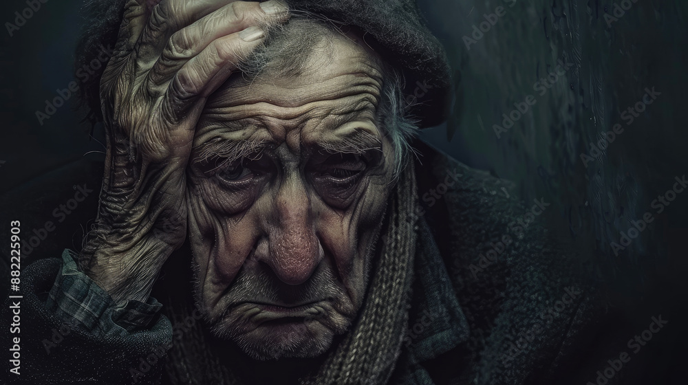 A troubled man clutches his wrinkled face, consumed by worry and anxiety A troubled man clutches his wrinkled face, consumed by worry and anxiety