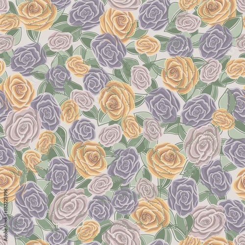 Pink, Yellow, and Purple Roses Packed onto a Pale Background creating a seamless pattern print background