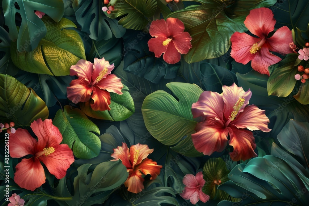 Fototapeta premium Tropical Flowers in Lush Green Foliage