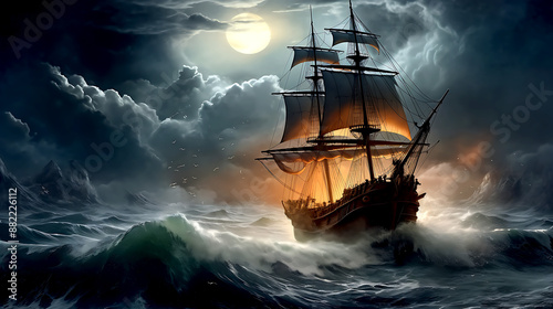 Sail ship braving the waves of a wild stormy sea at night