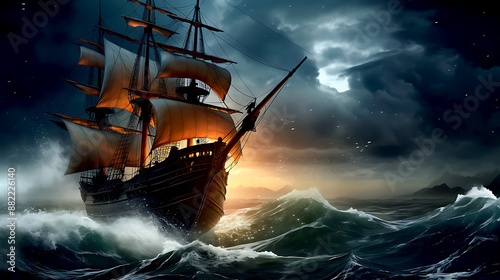 Sail ship braving the waves of a wild stormy sea at night