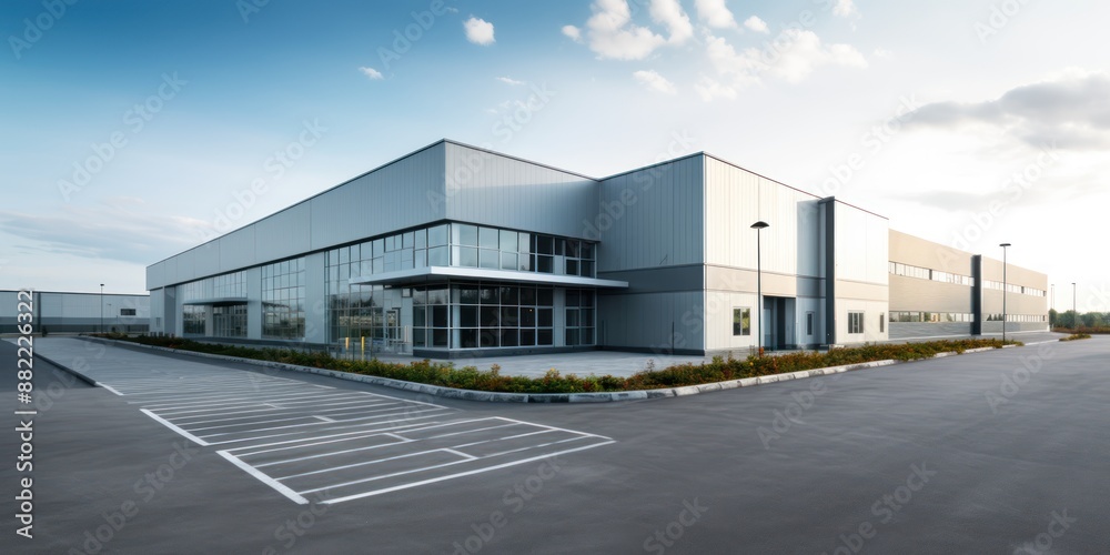 Modern warehouse building exterior, building servicing or car service buildings, Cargo transportation and logistics, with a parking lot on a blue sky background, Car repair or service concept. Modern warehouse building exterior, building servicing or car service buildings, Cargo transportation and logistics, with a parking lot on a blue sky background, Car repair or service concept.