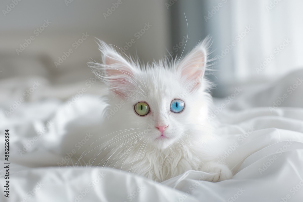 White fluffy cat with heterochromia lying on a bed. Pet portrait in a cozy home environment. White fluffy cat with heterochromia lying on a bed. Pet portrait in a cozy home environment.