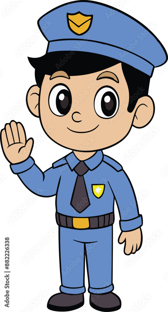 cute police officer boy waving to passersby cute police officer boy waving to passersby