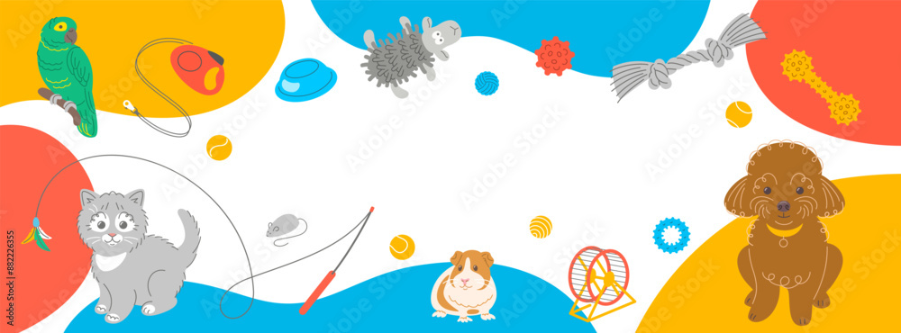 Cute adorable doodle hand drawn pet animals with toys and accessories. Horizontal header banner for pet shop. Dog, cat, guinea pig and parrot. Rubber squeaky bones, balls, knotted rope, toy mouse Cute adorable doodle hand drawn pet animals with toys and accessories. Horizontal header banner for pet shop. Dog, cat, guinea pig and parrot. Rubber squeaky bones, balls, knotted rope, toy mouse