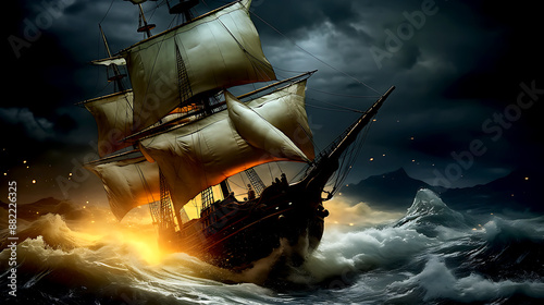 Sail ship braving the waves of a wild stormy sea at night