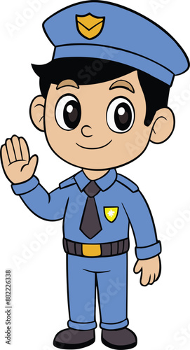 cute police officer boy waving to passersby