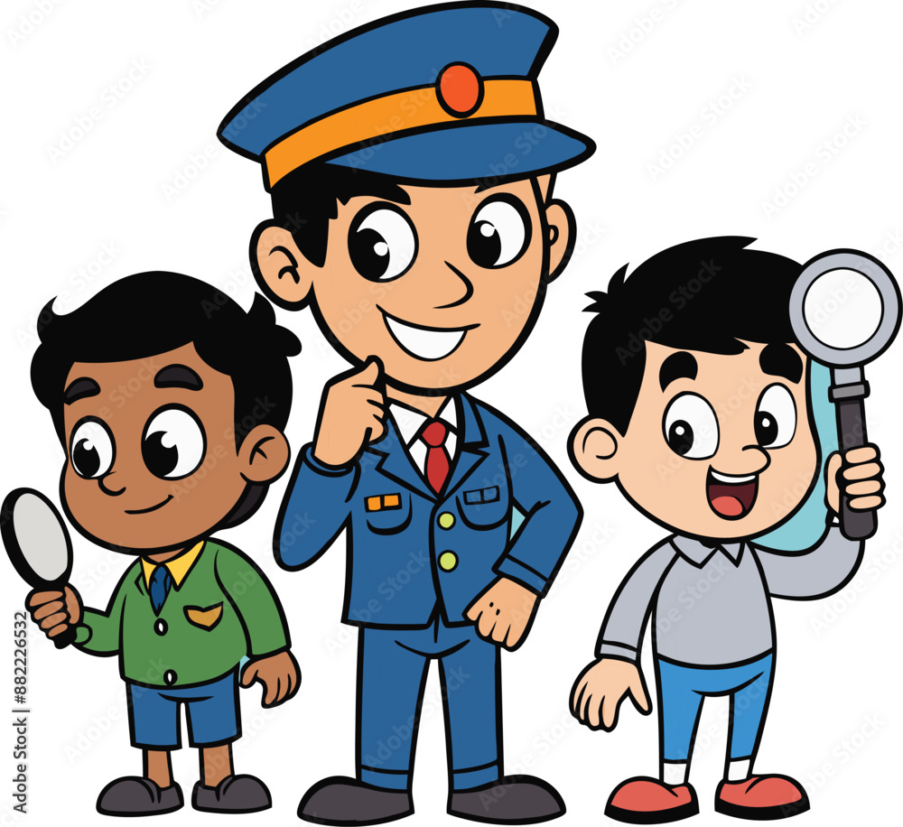 cute police officer boy investigating a mystery with his friends cute police officer boy investigating a mystery with his friends