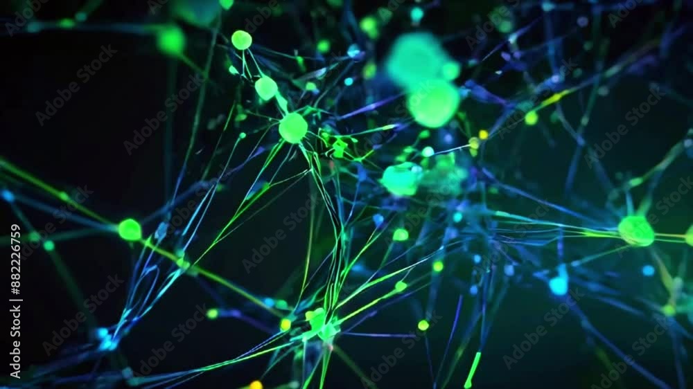 Blue and green data streams flow through a network of interconnected nodes, highlighting the speed and efficiency of digital data transfer, 4K Wallpaper animation video Blue and green data streams flow through a network of interconnected nodes, highlighting the speed and efficiency of digital data transfer, 4K Wallpaper animation video