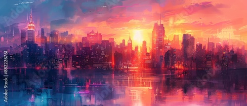 Vibrant Cityscape Sunset Over Reflective Waters