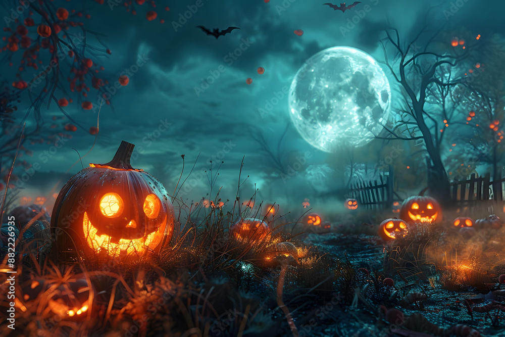 Spooky Halloween scene with glowing jack-o'-lanterns, full moon, and bats flying in a foggy, eerie graveyard. Spooky Halloween scene with glowing jack-o'-lanterns, full moon, and bats flying in a foggy, eerie graveyard.
