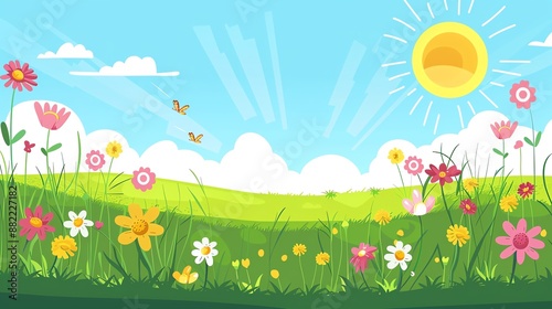 Sunny spring meadow with colorful flowers and butterflies