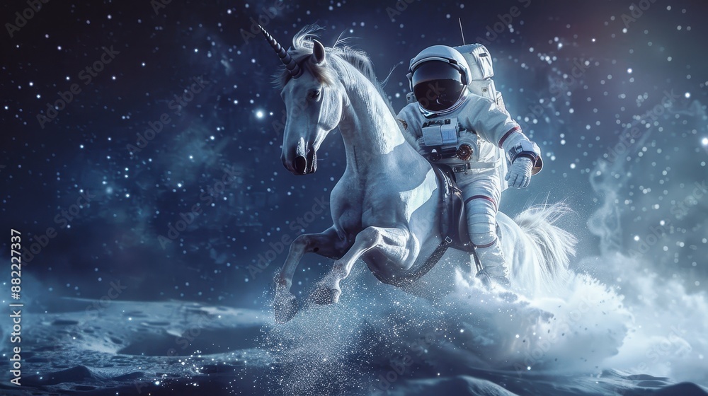 Fototapeta premium Surreal astronaut and unicorn galloping on a shimmering path of stardust