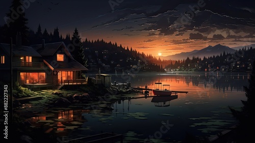 Cozy Cabin by the Lake at Sunset. © munawaroh
