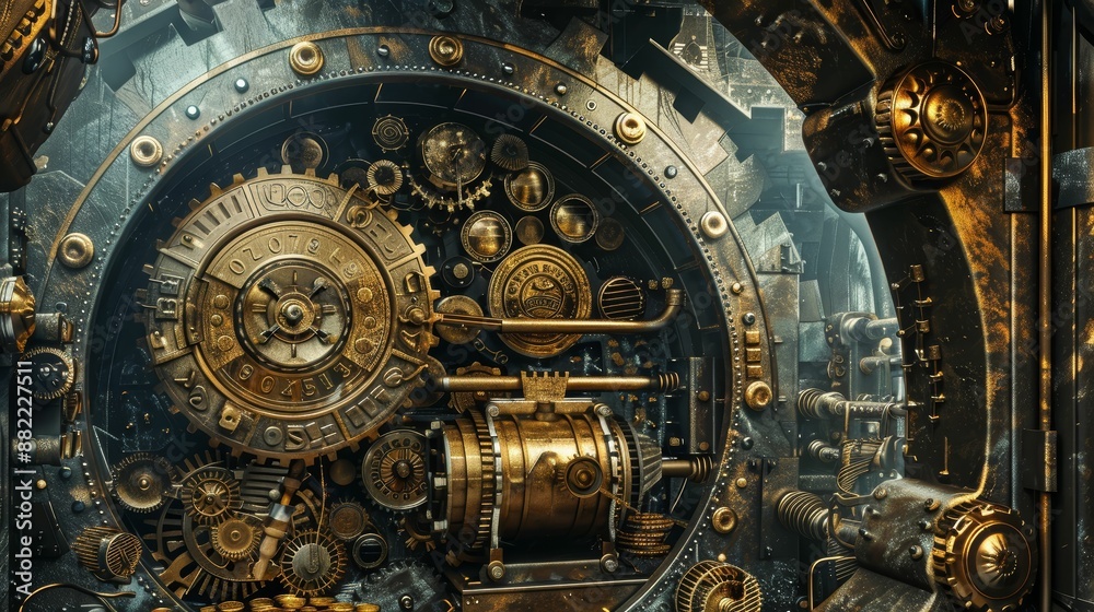 A steampunk bank vault filled with gold coins and intricate gears, vintage tones, digital painting, detailed A steampunk bank vault filled with gold coins and intricate gears, vintage tones, digital painting, detailed