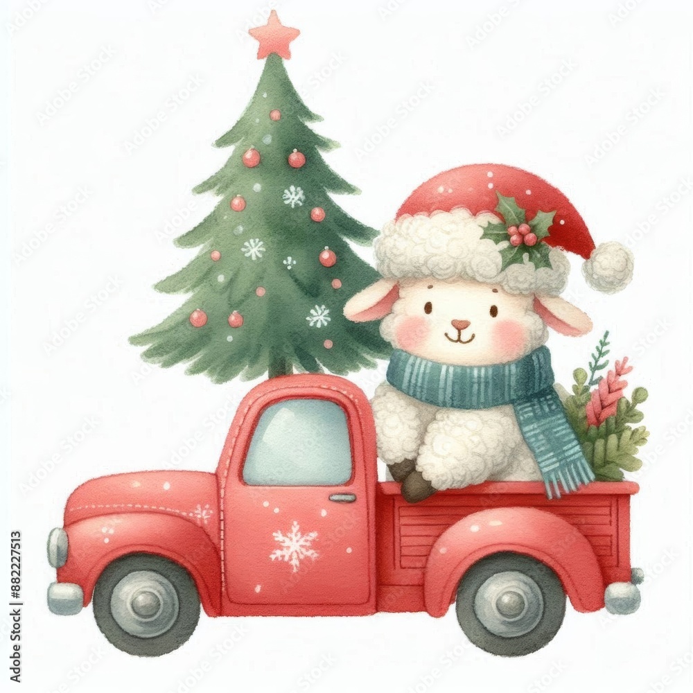A cute sheep wearing a Santa hat rides in a red truck with a Christmas tree. A cute sheep wearing a Santa hat rides in a red truck with a Christmas tree.