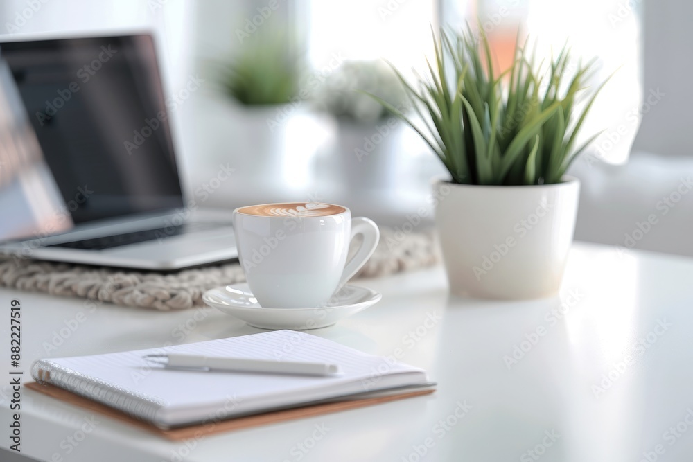 a minimalist desk setup with a laptop, a notebook, a pen, and a cup of coffee. a minimalist desk setup with a laptop, a notebook, a pen, and a cup of coffee.