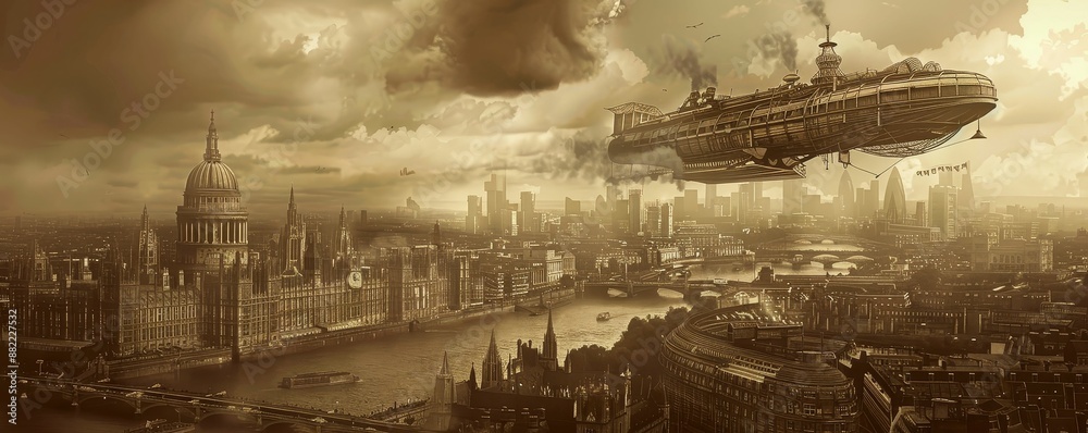 A steampunk airship flying over a modern city, hybrid, sepia tones, detailed illustration, blending past and future A steampunk airship flying over a modern city, hybrid, sepia tones, detailed illustration, blending past and future
