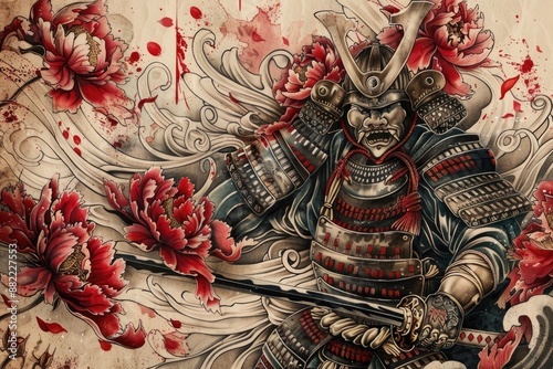 A traditional Japanese tattoo design depicting a fierce samurai warrior with a katana, surrounded by peonies and swirling wind patterns photo