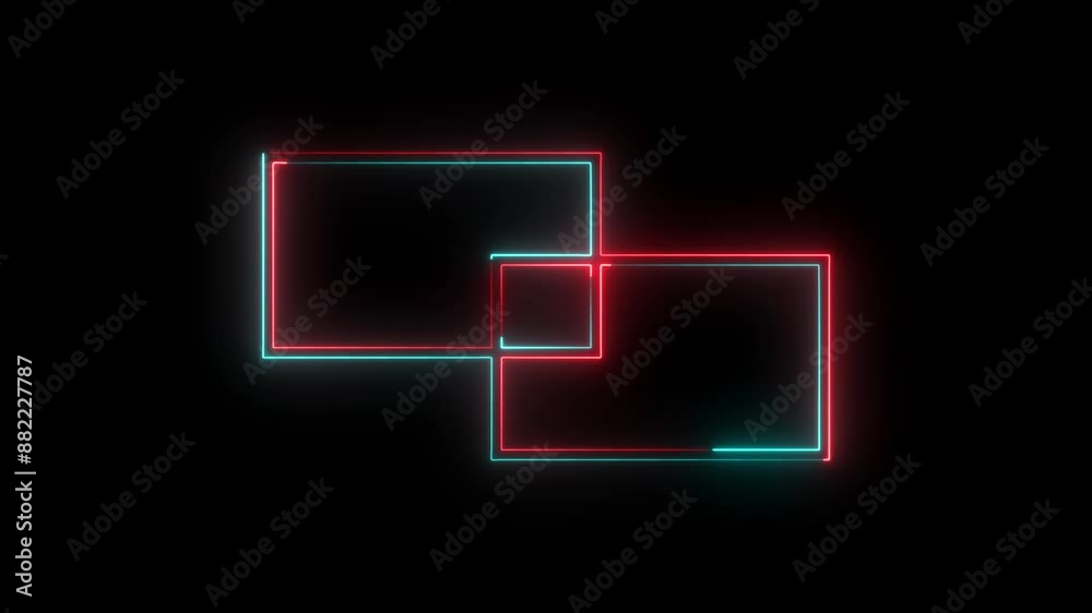  Abstract Glowing saber rectangle neon frame on black background.