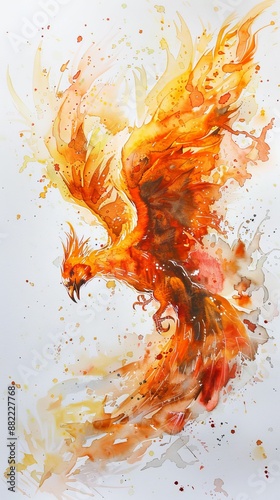 A mythical phoenix rising from the ashes in a fiery explosion, fantasy setting, watercolor, dynamic and colorful